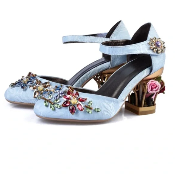 Handmade Blue Brocade Crystal Cage Shoes - Picture 6 of 9